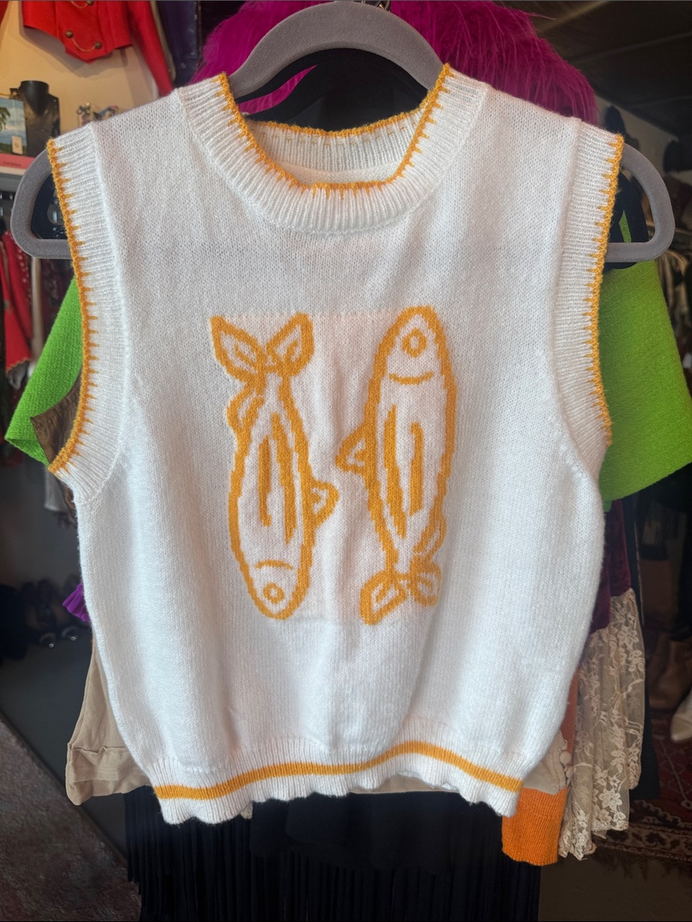 White & Yellow Fish Knit Sweater Vest